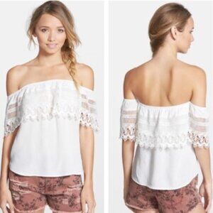 Socialite White Crochet Lace Off Shoulder Crinkle Boho Blouse S